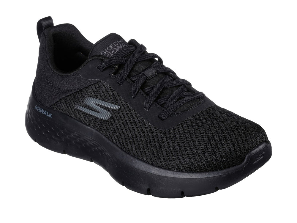 Tenis deportivos Skechers Go Walk Flex en color negro total con tejido de malla y suela flexible.