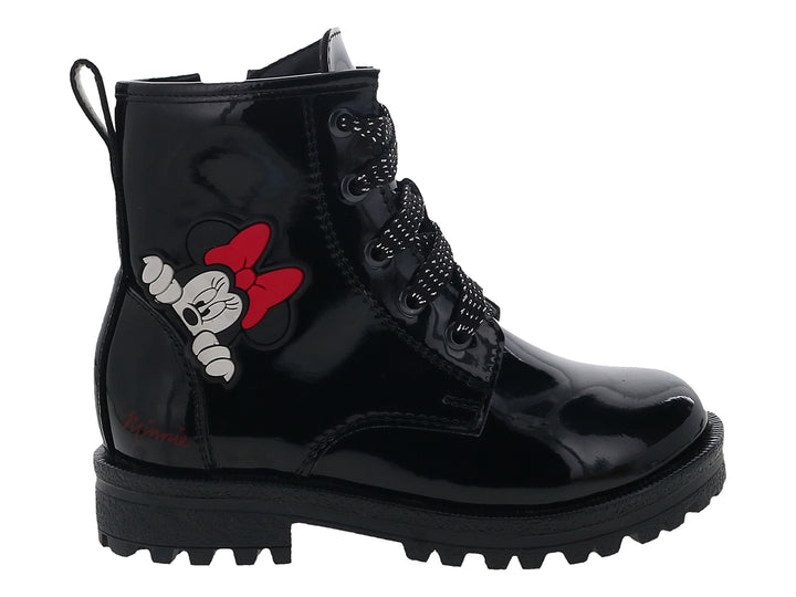Botas negras de charol para niña con diseño de Minnie Mouse y suela dentada.