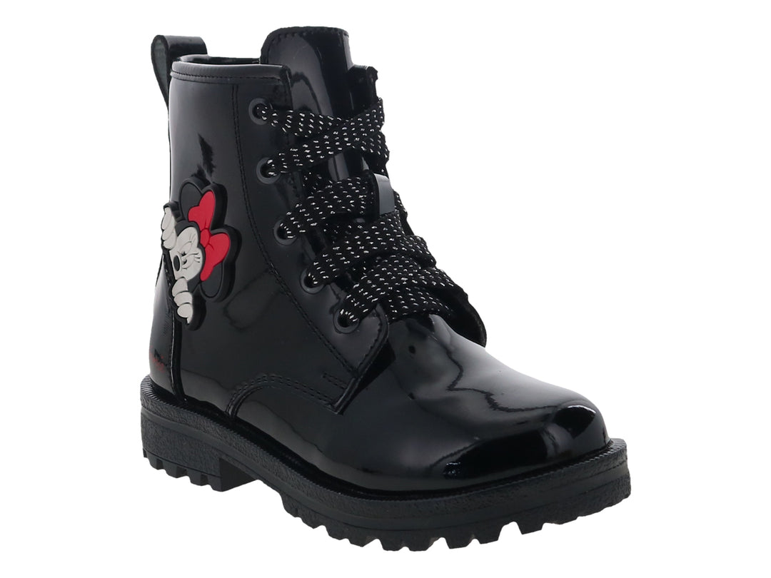 Botas negras de charol para niña con diseño de Minnie Mouse y suela dentada.