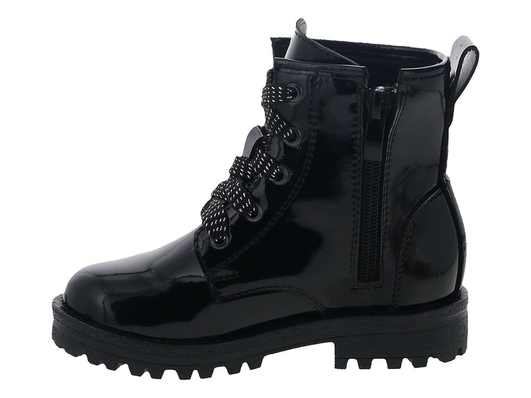 Botas negras de charol para niña con diseño de Minnie Mouse y suela dentada.