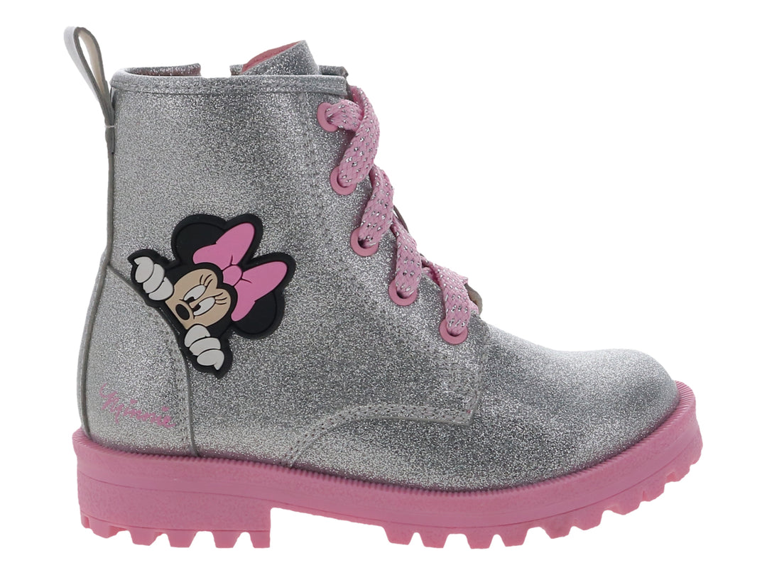 Botas infantiles color plata con glitter, detalles en rosa y parche de Minnie Mouse.
