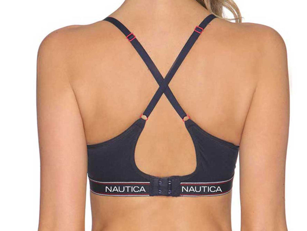 Vista posterior de bra deportivo azul marino Nautica con tirantes cruzados y banda elástica con marca.