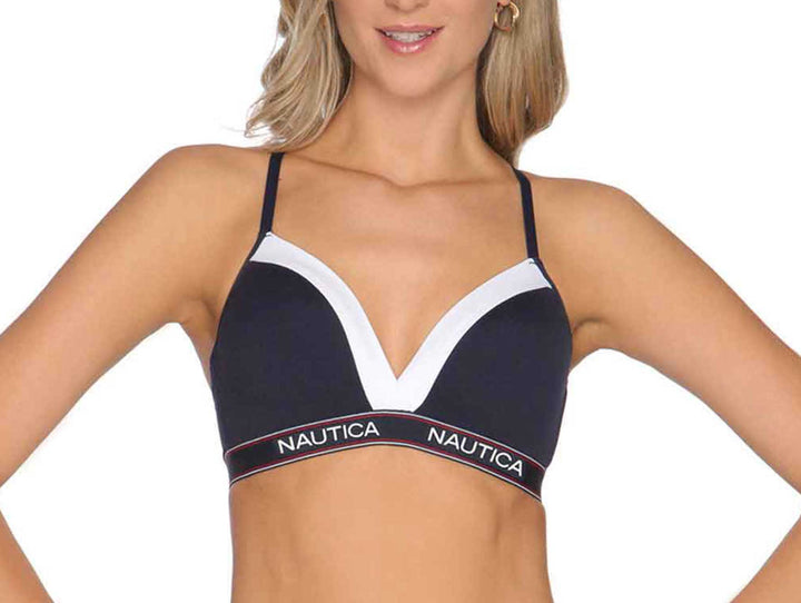 Vista posterior de bra deportivo azul marino Nautica con tirantes cruzados y banda elástica con marca.