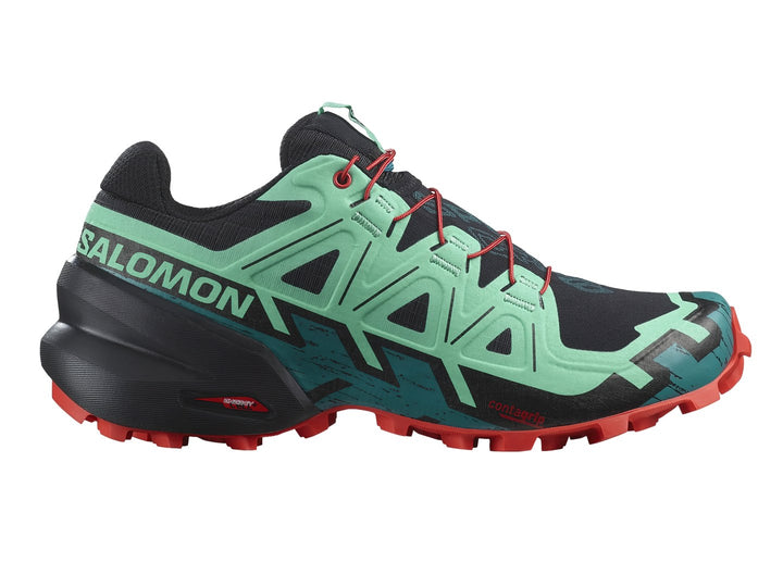 Tenis Salomon Speedcross 6 en colores azul, negro y rojo con suela agresiva para trail running.