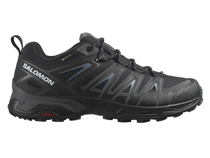Zapato deportivo Salomon X Ultra Pioneer GTX en color negro, diseñado para senderismo con suela Contagrip.