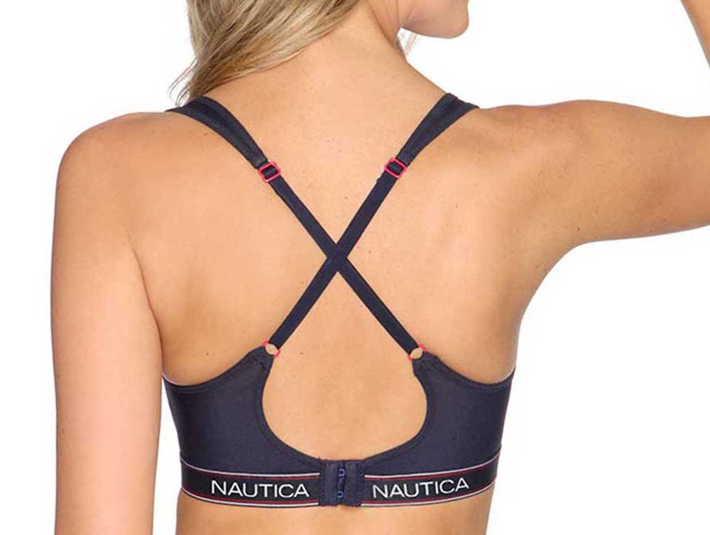 Bra deportivo color azul marino de la marca Nautica con banda elástica blanca y roja.