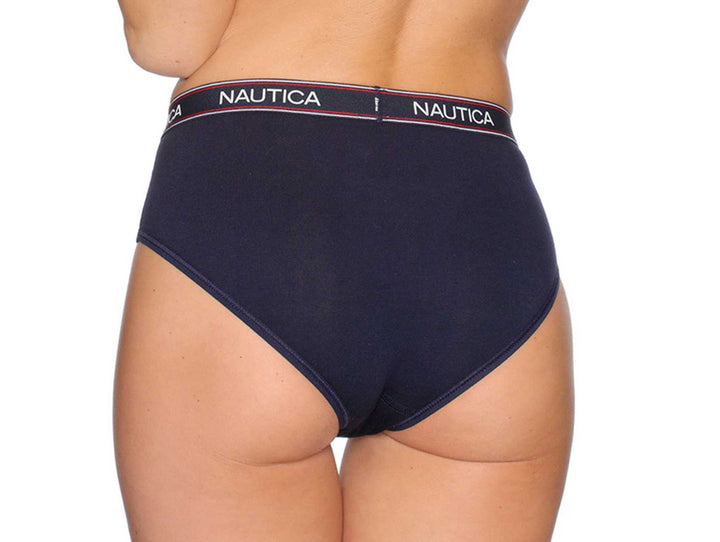 Vista posterior de ropa interior tipo boyshort color azul marino de la marca Nautica.