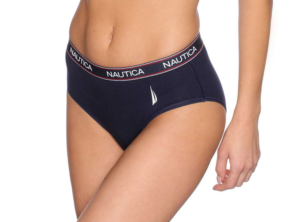 Vista posterior de ropa interior tipo boyshort color azul marino de la marca Nautica.
