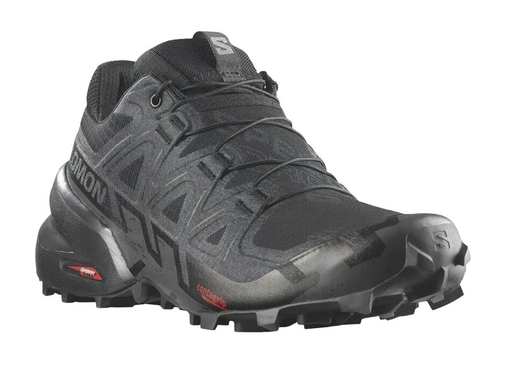 Tenis deportivos Salomon Speedcross 6 en color negro, diseñados para trail running con suela rugosa.