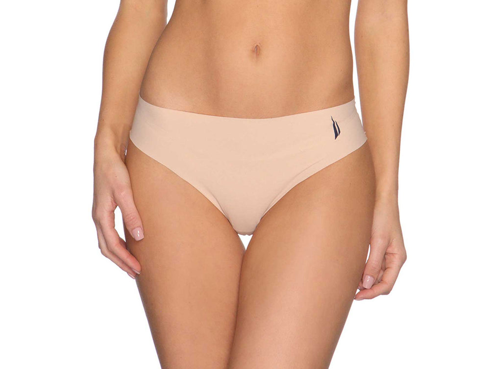 Vista posterior de calzones tipo bikini color piel para mujer.