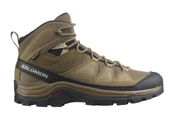 Bota de senderismo Salomon Quest Rove GTX color café con suela negra y detalles técnicos.