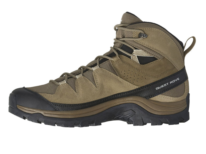 Bota de senderismo Salomon Quest Rove GTX color café con suela negra y detalles técnicos.
