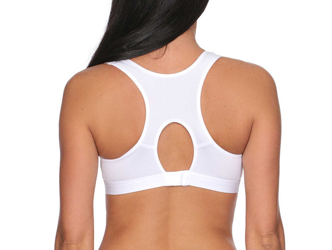 Vista posterior de un brassiere blanco de copa triangular.