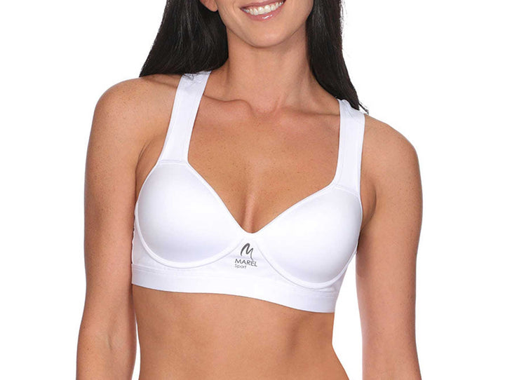 Vista posterior de un brassiere blanco de copa triangular.