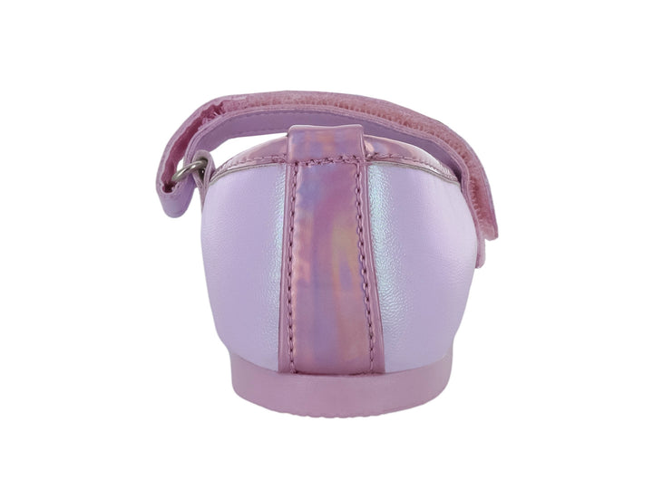 Zapato rosa brillante para niña con moño decorativo y cierre de correa con velcro.