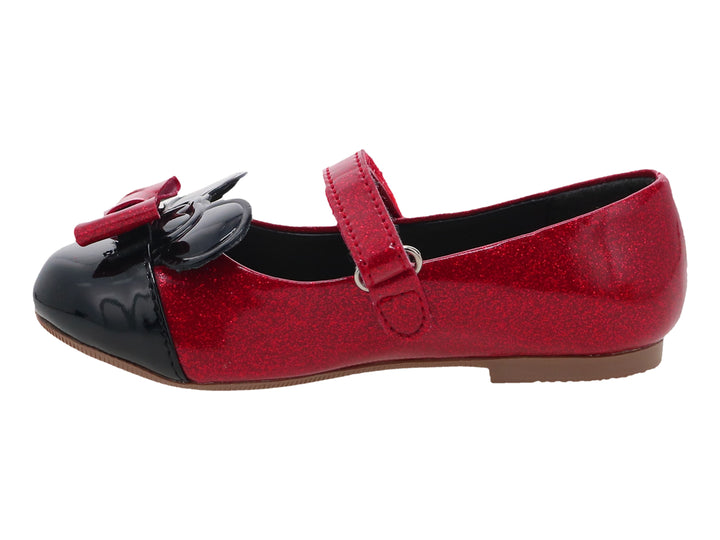 Zapato rojo con brillos y punta negra de charol con moño decorativo para niña.