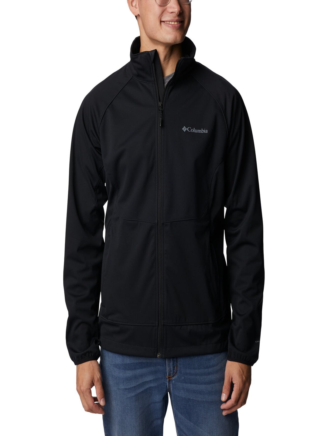 Chaqueta softshell Columbia color negro para hombre con cierre frontal completo y cuello alto.
