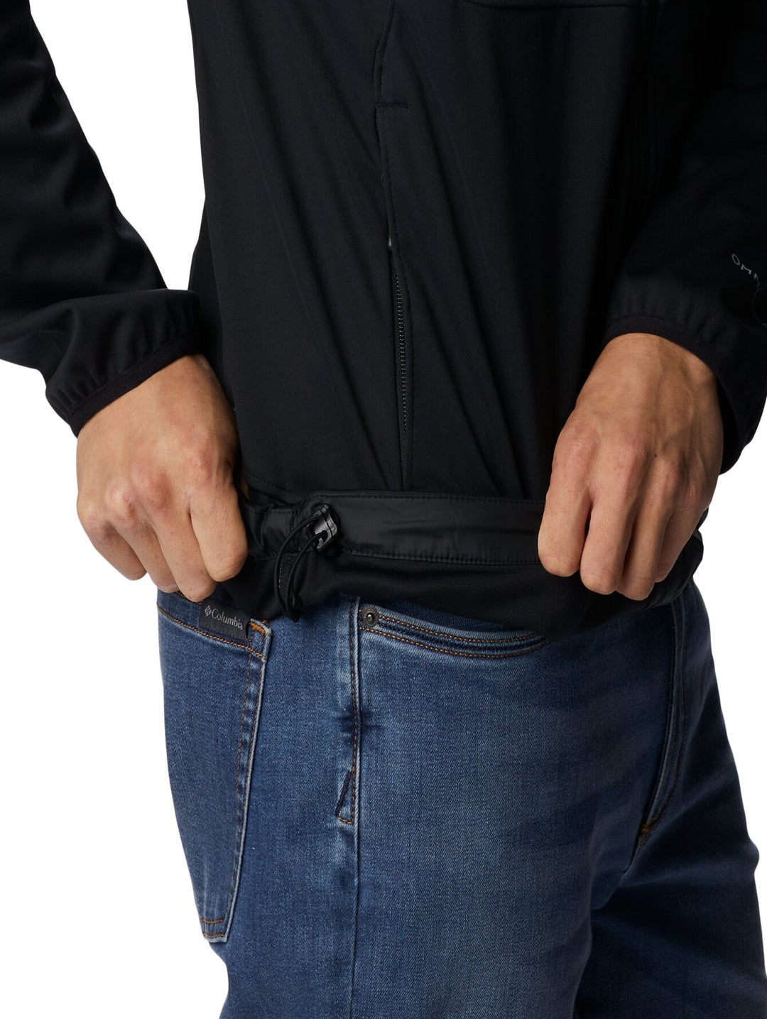 Chaqueta softshell Columbia color negro para hombre con cierre frontal completo y cuello alto.