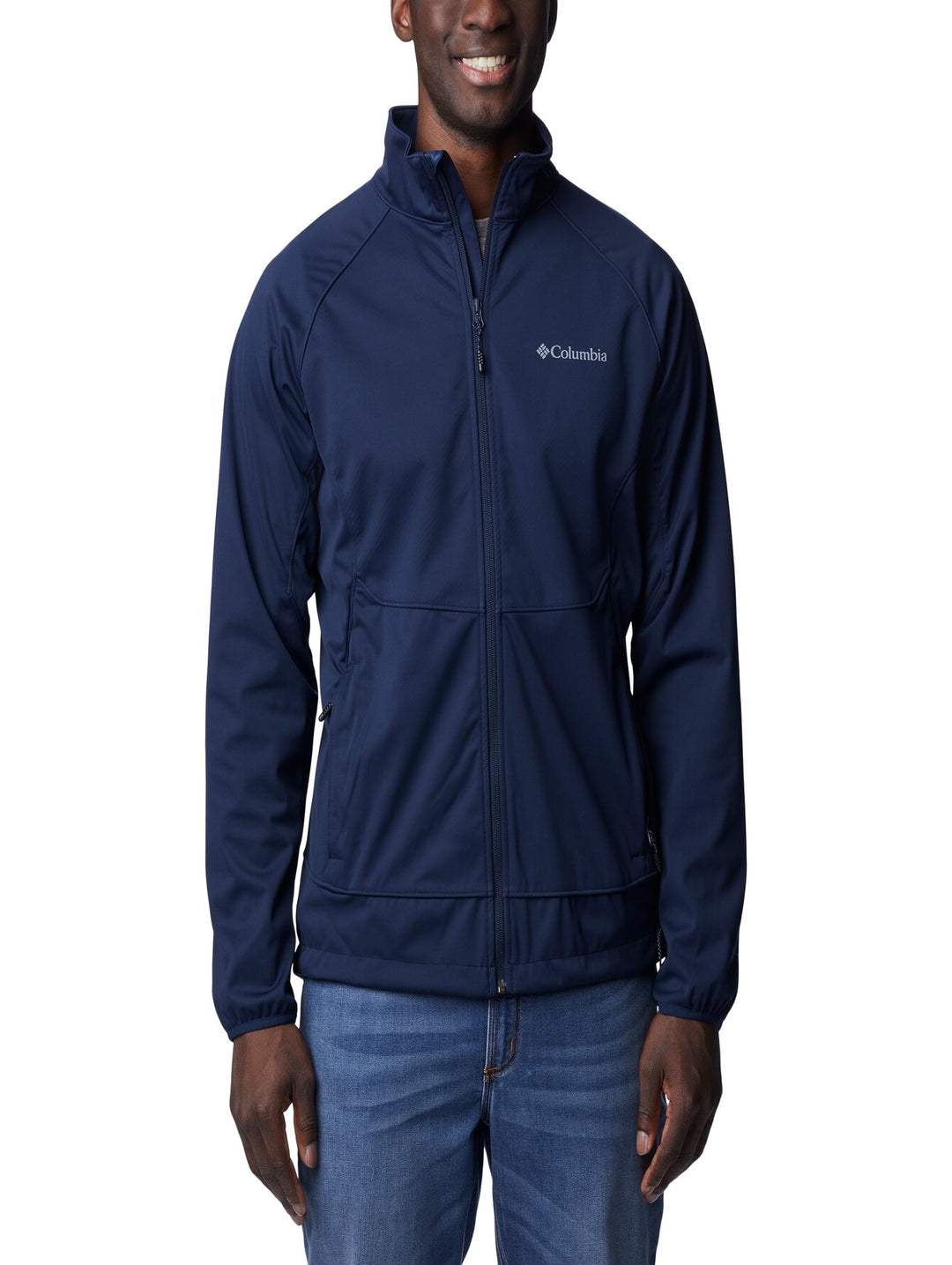 Chaqueta softshell Columbia color azul marino con cierre frontal y cuello alto.