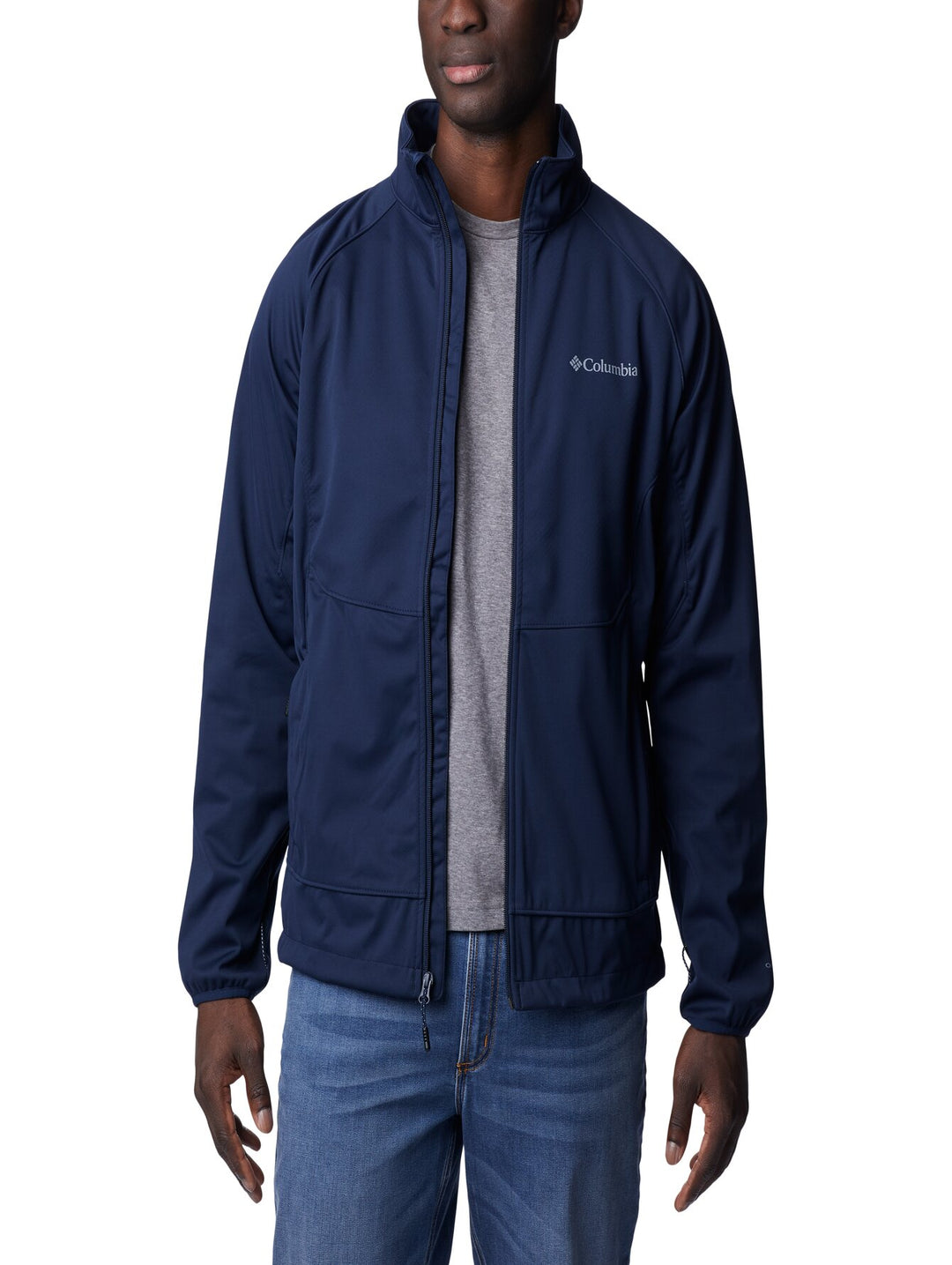 Chaqueta softshell Columbia color azul marino con cierre frontal y cuello alto.