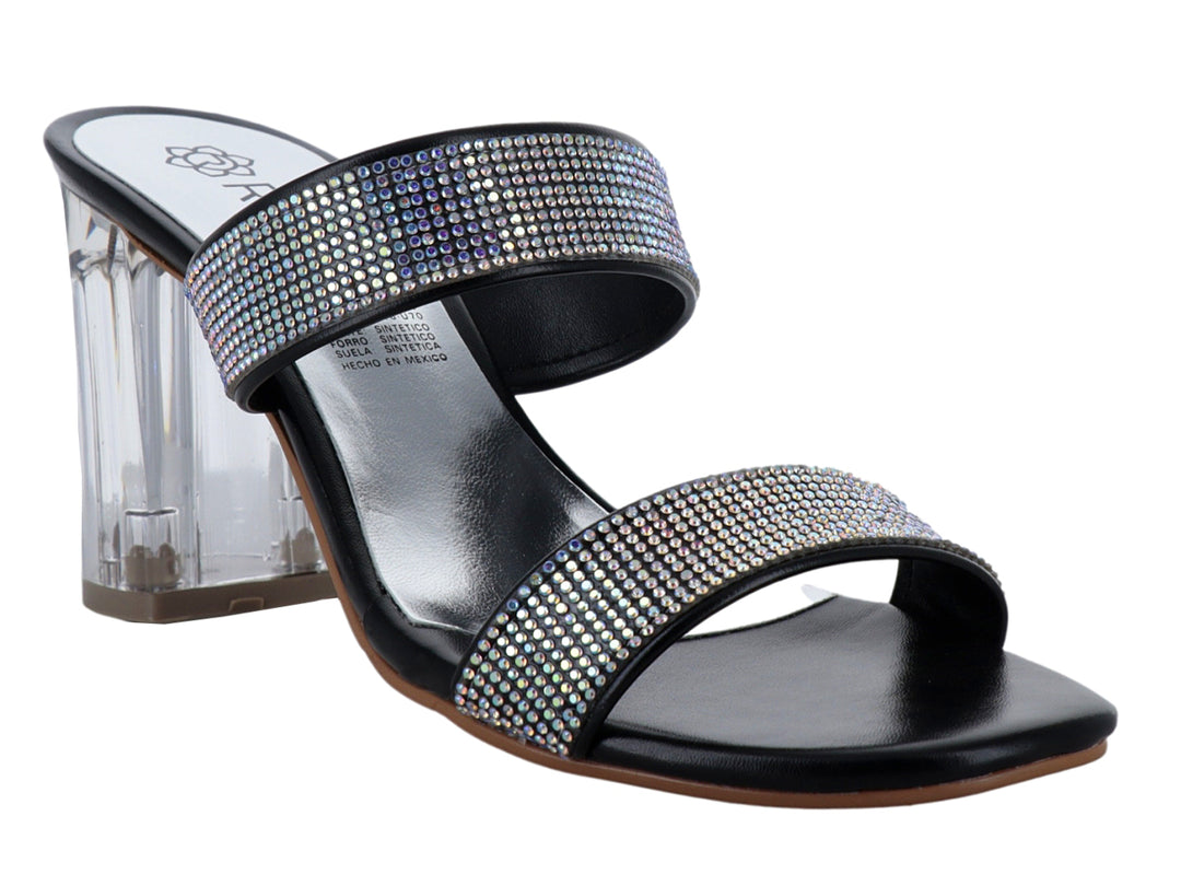 Sandalia negra de tacón cuadrado transparente con tiras decoradas con pedrería brillante para mujer.