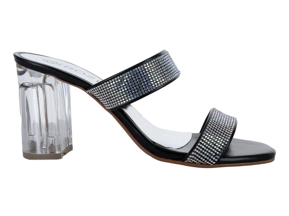 Sandalia negra de tacón cuadrado transparente con tiras decoradas con pedrería brillante para mujer.