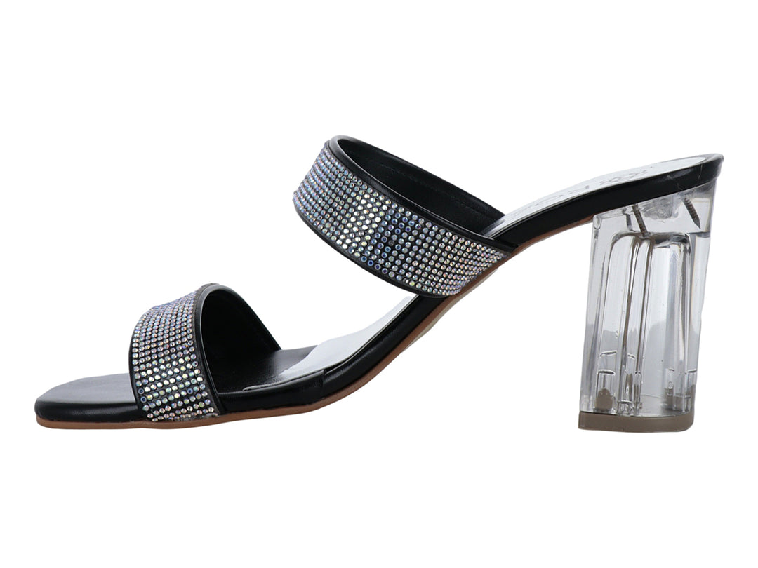Sandalia negra de tacón cuadrado transparente con tiras decoradas con pedrería brillante para mujer.