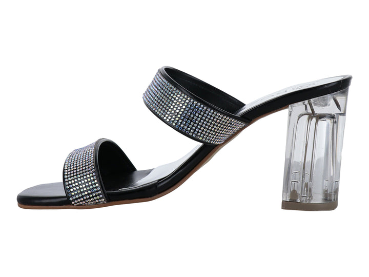 Sandalia negra de tacón cuadrado transparente con tiras decoradas con pedrería brillante para mujer.