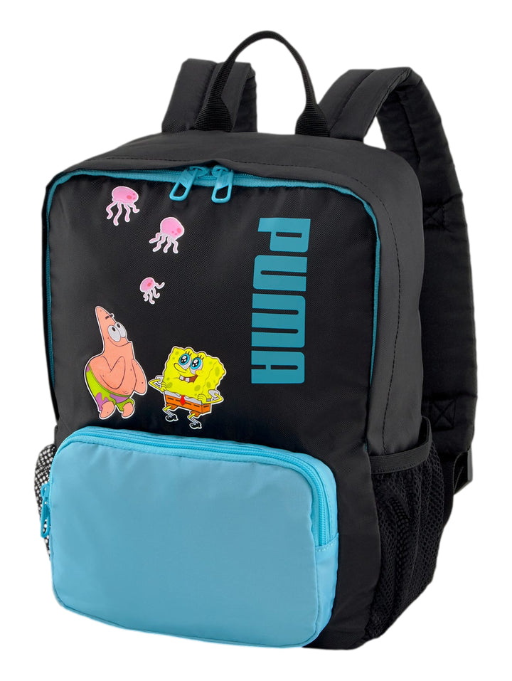 Mochila Puma negra y azul con personajes de Bob Esponja y Patricio Estrella en el frente.