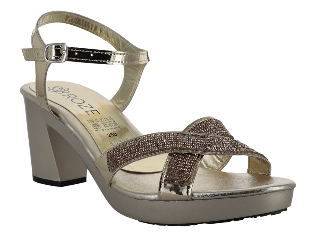 Sandalia ROZE color oro inglés con tacón cuadrado, plataforma y tiras frontales decoradas con brillo.