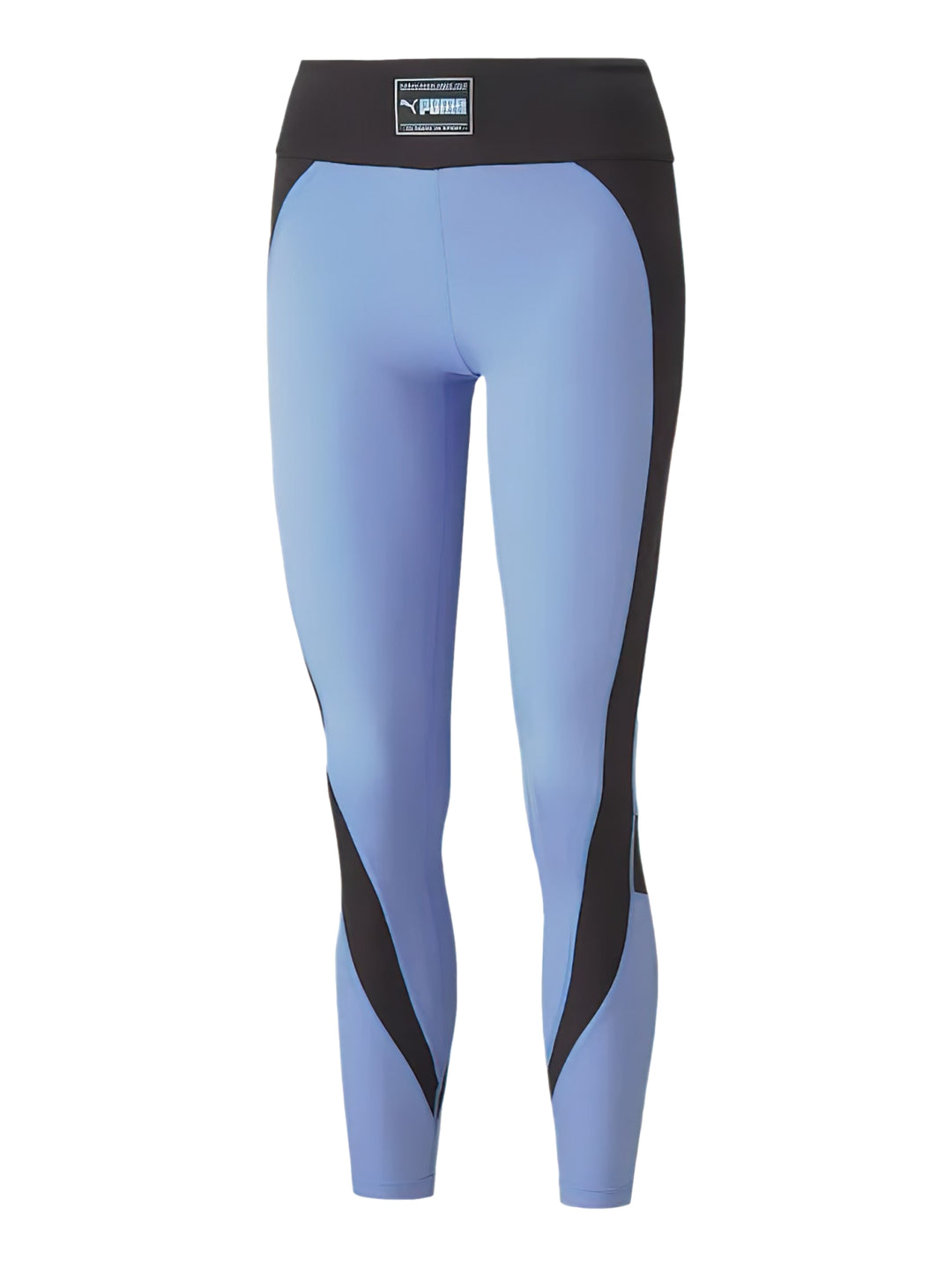 Leggings deportivos PUMA color morado con paneles negros, cintura alta y corte 7/8.