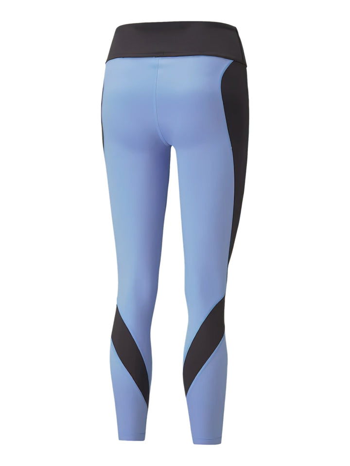 Leggings deportivos PUMA color morado con paneles negros, cintura alta y corte 7/8.
