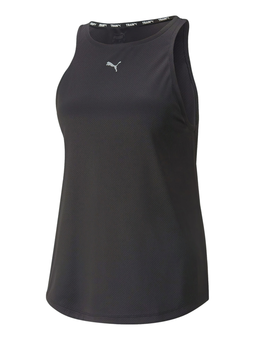 Camiseta deportiva sin mangas PUMA de color negro con logotipo plateado en el pecho.