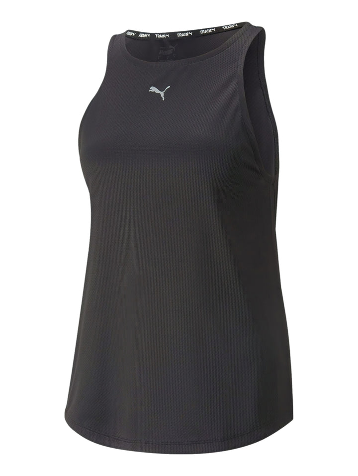 Camiseta deportiva sin mangas PUMA de color negro con logotipo plateado en el pecho.
