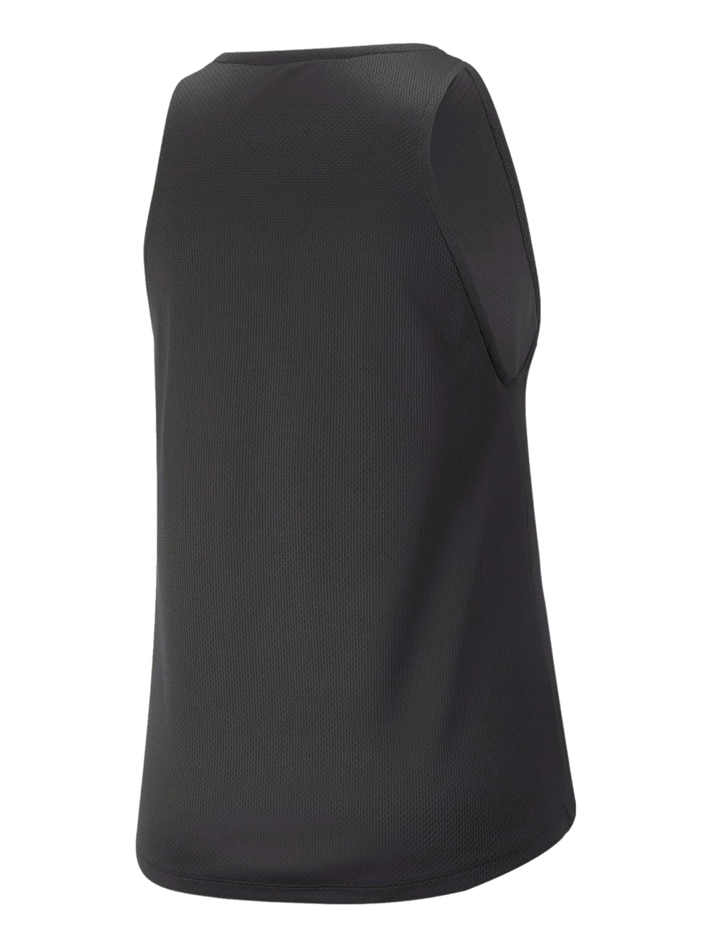 Camiseta deportiva sin mangas PUMA de color negro con logotipo plateado en el pecho.