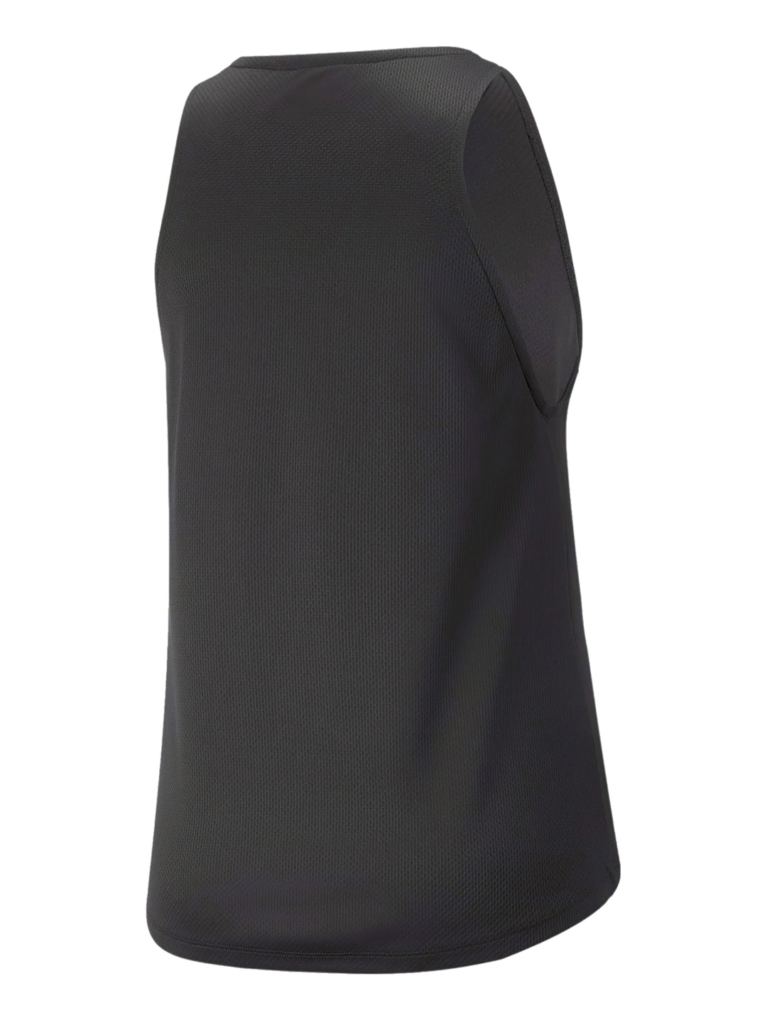 Camiseta deportiva sin mangas PUMA de color negro con logotipo plateado en el pecho.