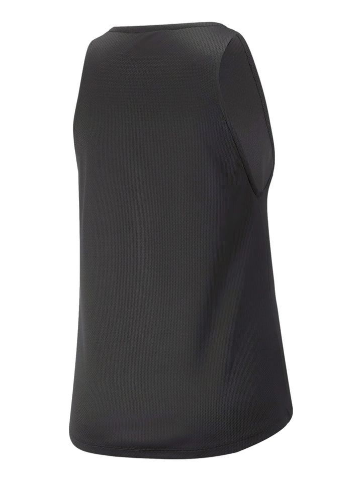 Camiseta deportiva sin mangas PUMA de color negro con logotipo plateado en el pecho.