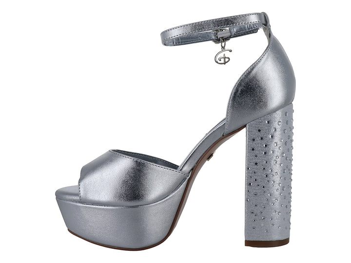 Sandalia plateada de plataforma con tacón grueso y correa ajustable al tobillo para Mujer.