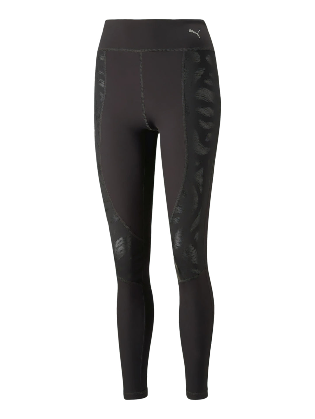 Leggings deportivos PUMA color negro de cintura alta con detalles brillantes laterales.