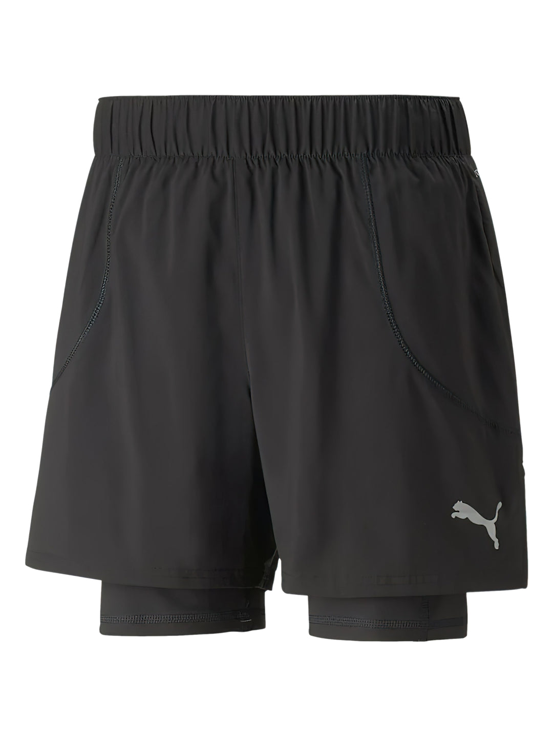 Shorts deportivos PUMA 2 en 1 color gris platino con logo en la pierna