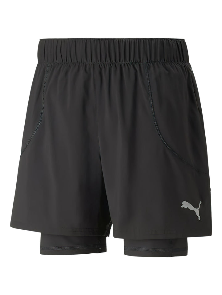 Shorts deportivos PUMA 2 en 1 color gris platino con logo en la pierna