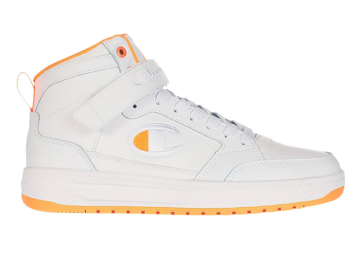 Tenis Champion de bota alta en color blanco con detalles y suela en color naranja.