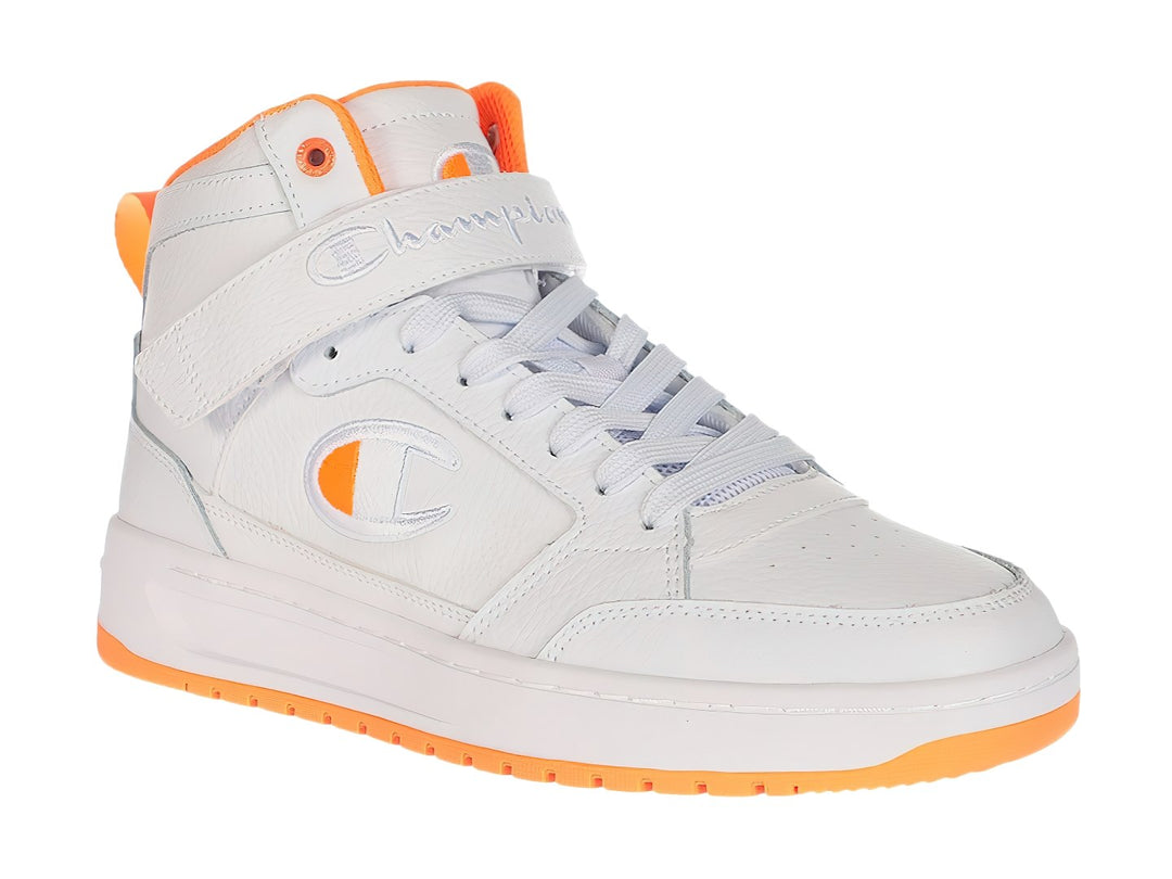 Tenis Champion de bota alta en color blanco con detalles y suela en color naranja.
