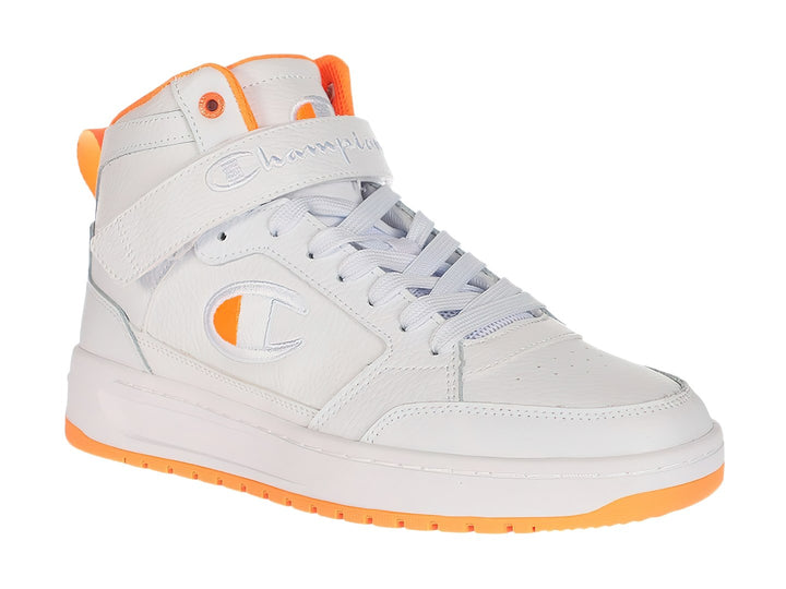 Tenis Champion de bota alta en color blanco con detalles y suela en color naranja.