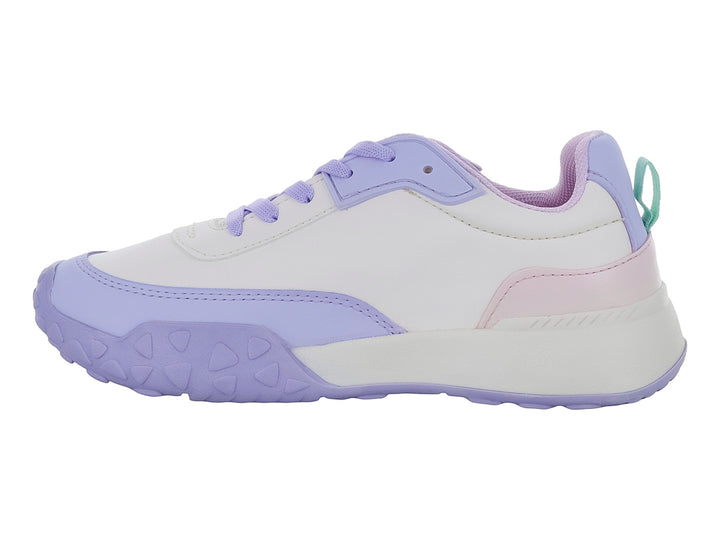 Tenis deportivos en colores blanco, lavanda y rosa claro con suela dentada.