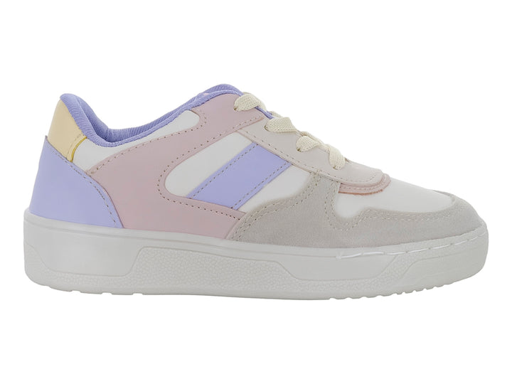 Tenis casuales para niña en colores beige y morado con suela blanca y agujetas.