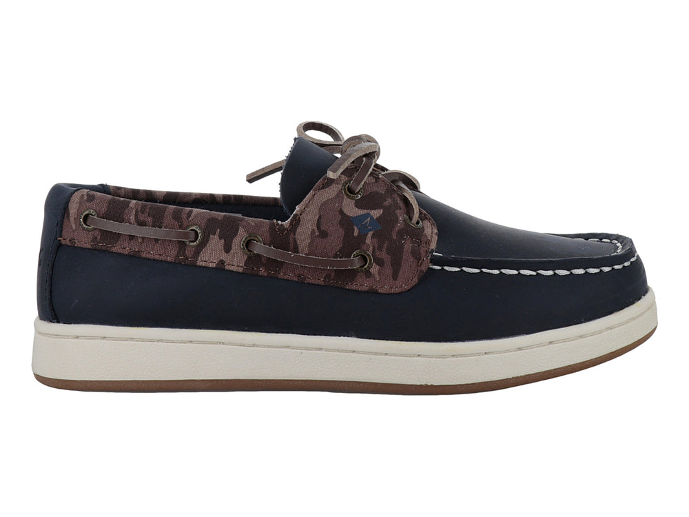 Zapato náutico Sperry Cup II para niño en color azul marino con detalles en marrón y suela blanca.