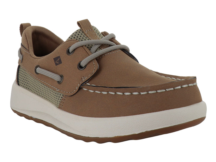 Zapato náutico Sperry color tan para niño con suela blanca y detalles en gris.
