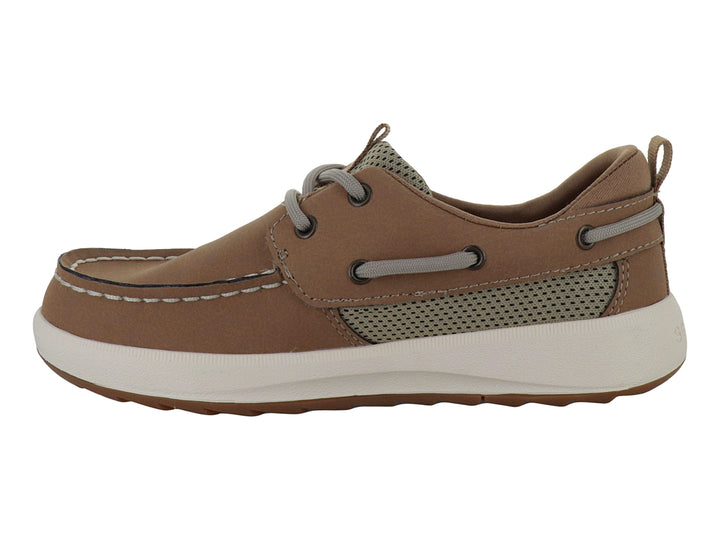 Zapato náutico Sperry color tan para niño con suela blanca y detalles en gris.