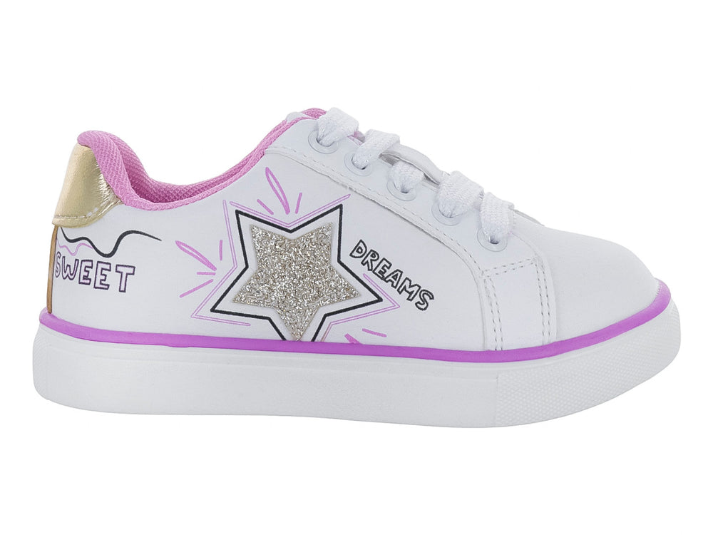 Tenis blancos para niña con una estrella brillante y detalles en color morado.